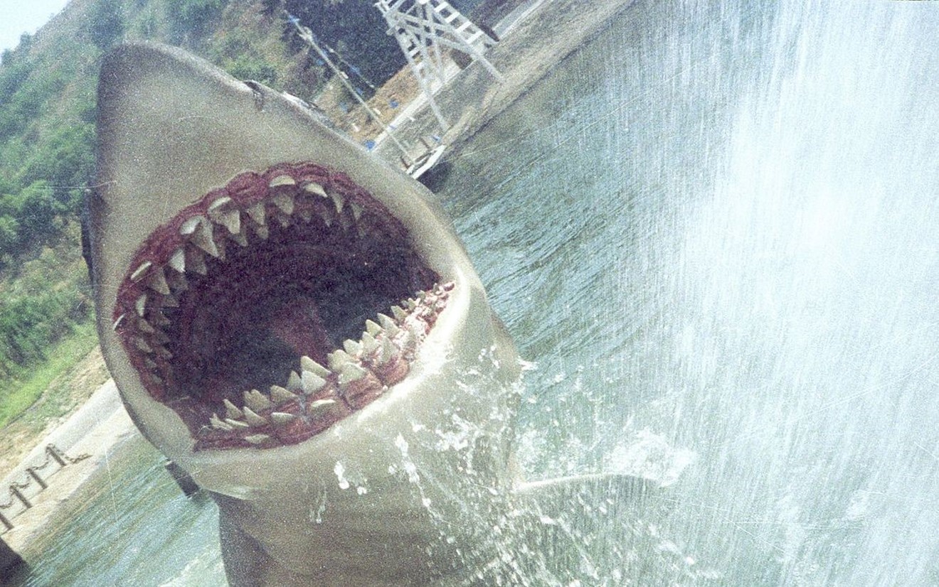 The great white shark from Steven Spielberg's Jaws attacks guests of the Universal Studios Hollywood tram tour.