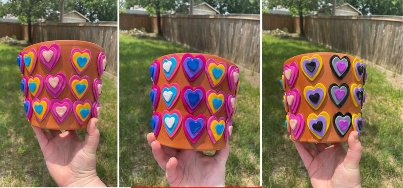 Carlie Alaniz, owner of The Lucky Pot Co. in Fort Worth, planned to sell these LGBTQ+ pride flag-themed flower pots at the Roots Market until the market's owners rescinded their invitation.