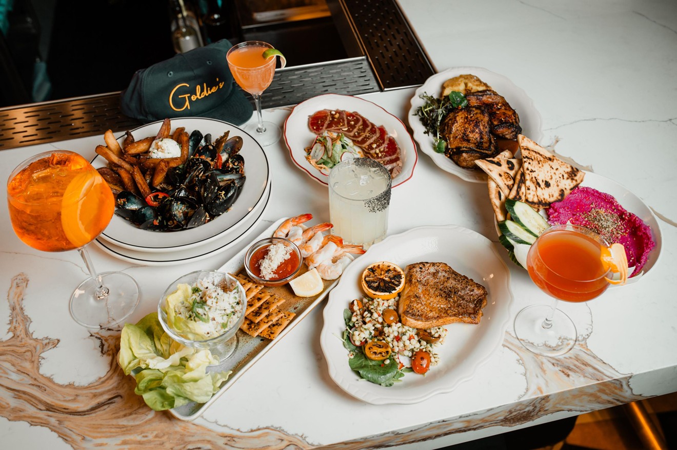 Clockwise from top-left: the moules frites, tuna tataki, Magic Chicken thighs, beet hummus, fresh catch snapper and lump crab and shrimp appetizer.