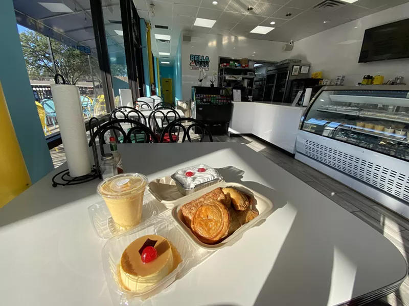 Image: Starting at the top right, working clockwise, tres leches, pastries, flan and rice pudding at Bella Flan.