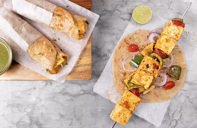 Image: Kati Roll's achari paneer roll, featuring marinated and grilled paneer cheese.