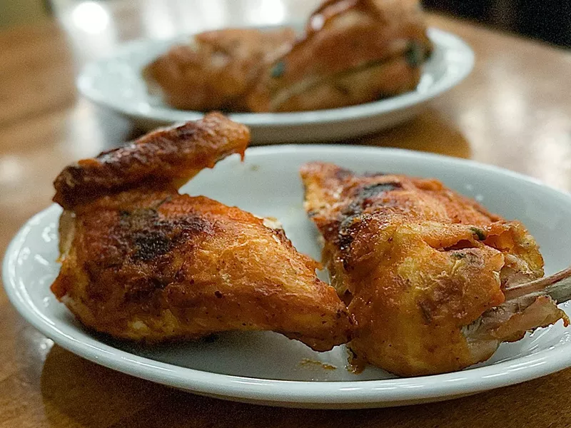 Image: Galeto al primo canto: 12-hour marinated and grilled young chicken, made three ways.
