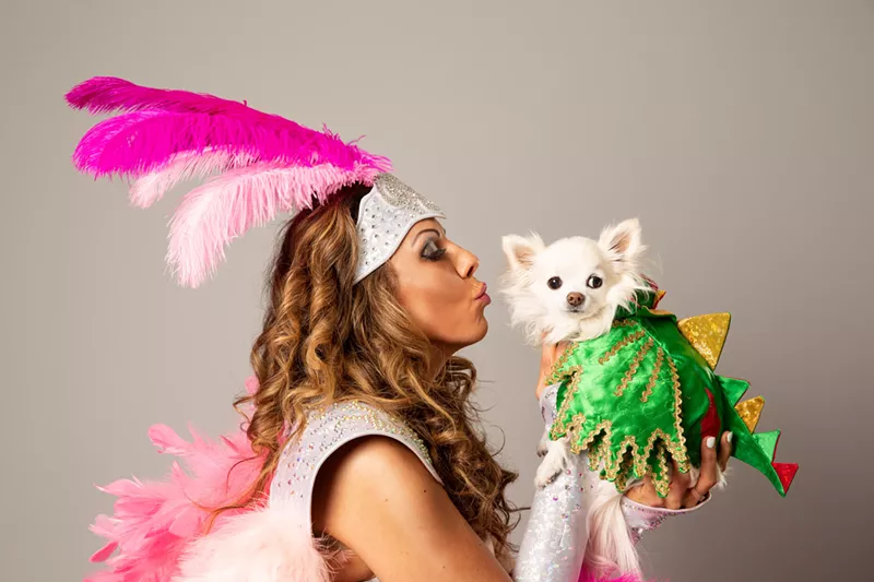 Image: Comedian and showgirl Jade Simone performs nightly in Las Vegas with Mr. Piffles, right, and Piff the Magic Dragon.