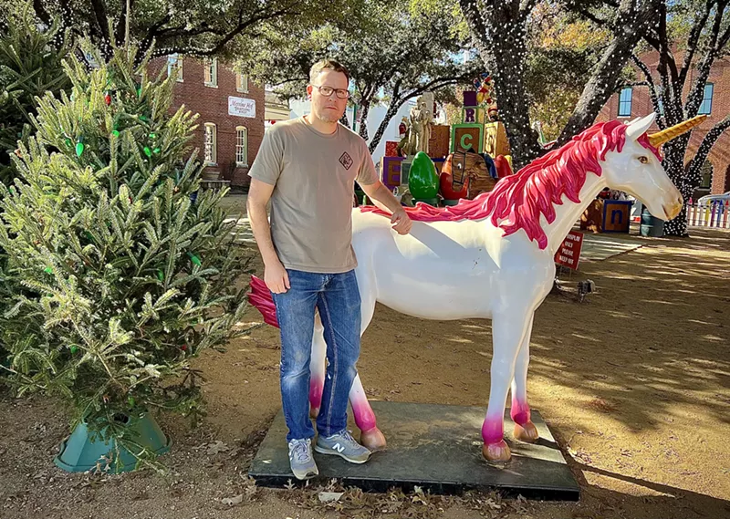 Image: Zach Freeman, in character as "Concerned Parent in North Texas," glowers in a Grapevine park.