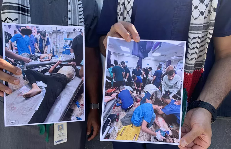 Image: A group of physicians calling for a ceasefire in Gaza and unfettered humanitarian aid gathered in Dallas Thursday, holding photographs from their trips to the Gaza Strip.