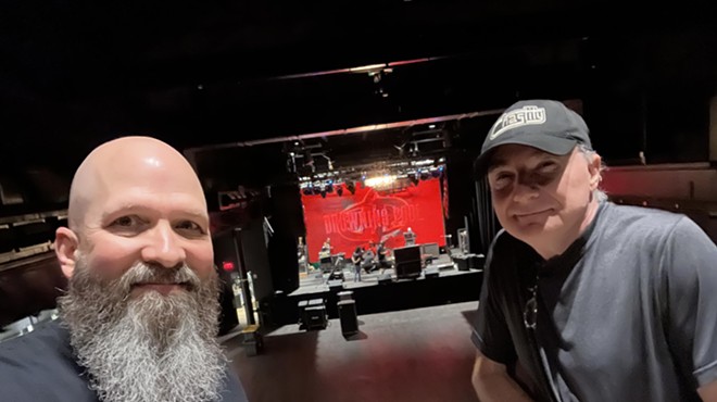 Local disc jockeys Rob Colwell, left, and Lee Russell, right, at the June 15 live broadcast of Drowning Pool at The Studio at the Factory.