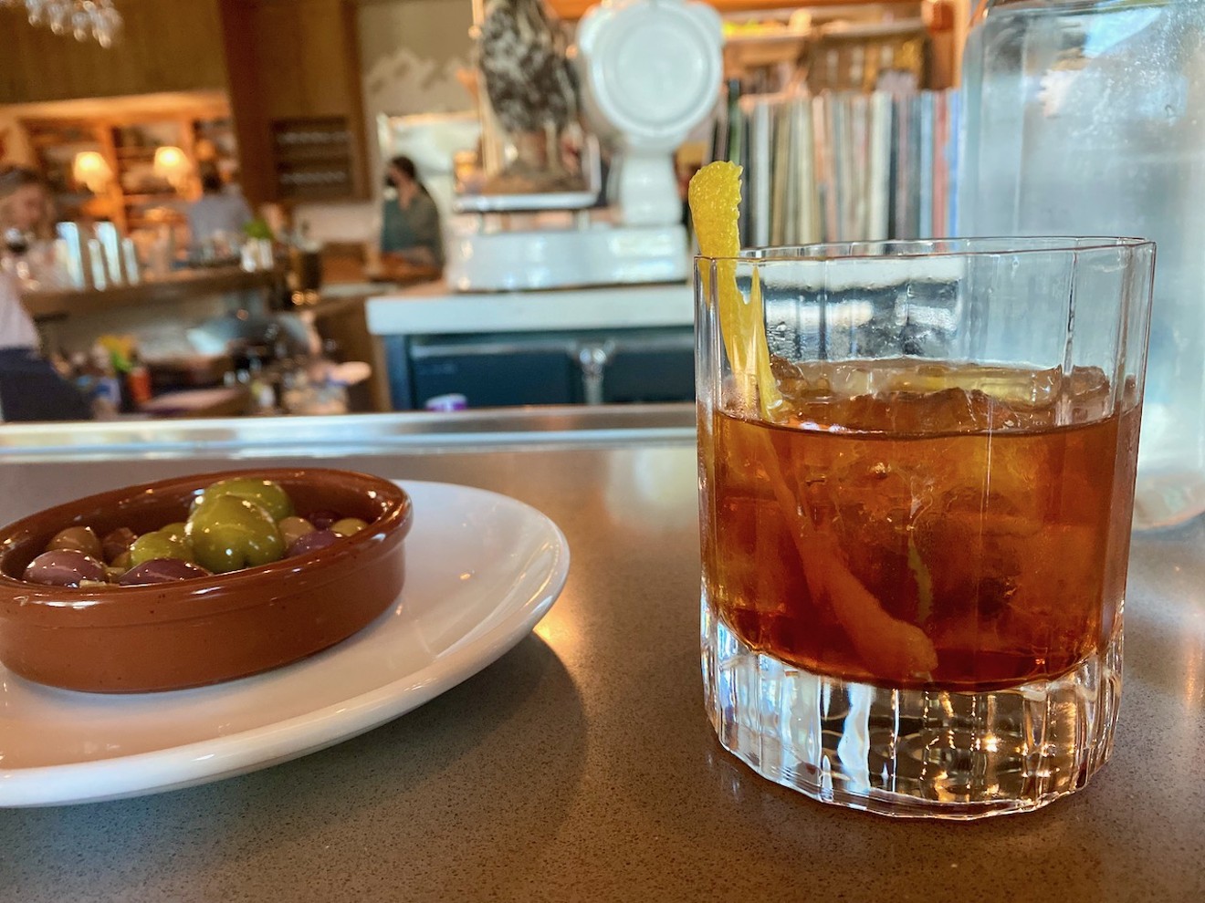Brown Butter Old Fashioned at Lucia with some olives.