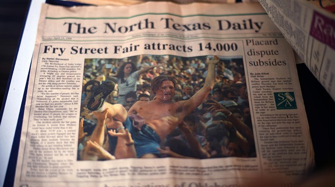 A front page from the UNT student paper about crowds at the original Fry Street Fair.