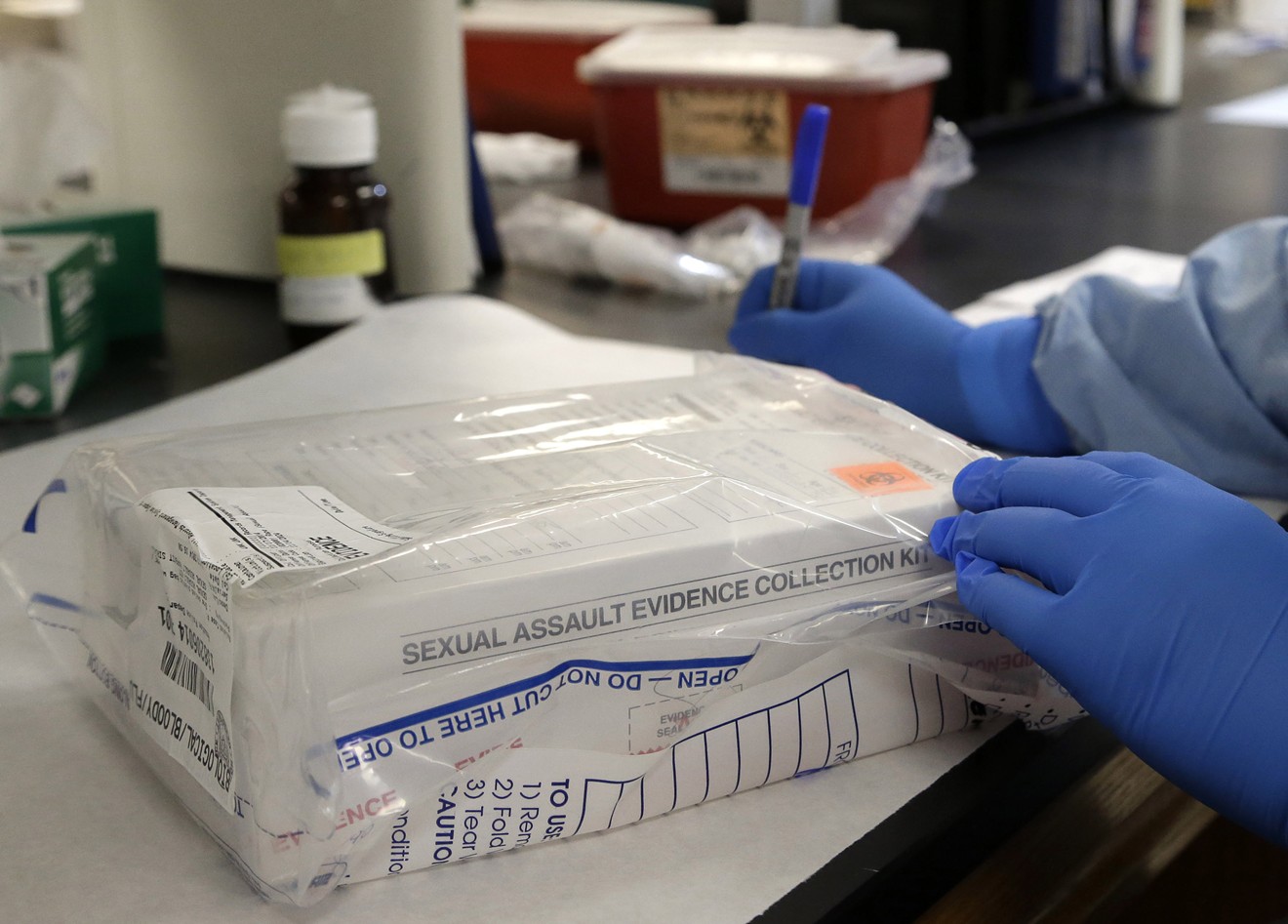 A sexual assault evidence kit is logged in the biology lab at the Houston Forensic Science Center in Houston.