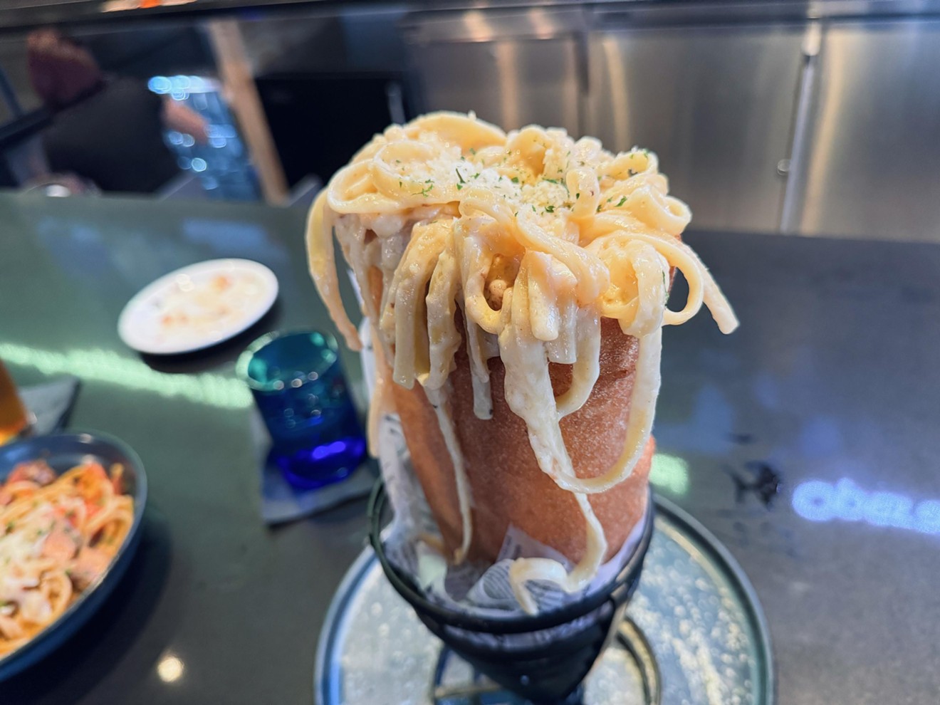 Don't be intimidated by the overflow of noodles from the Pasta Zeppelin. They can be neatly packed in, and it's a perfect handheld food.