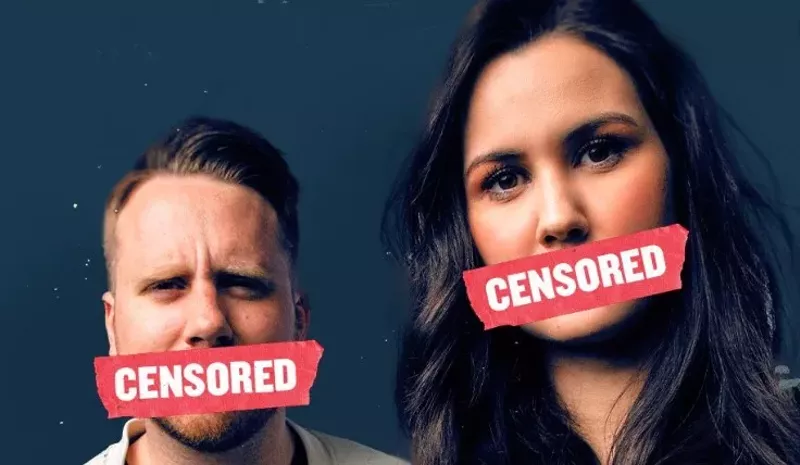 Image: Elijah Schaffer, left, and Sydney Watson, right, pose for an ad for their political and culture interview show on The Blaze conservative network called You Are Here.