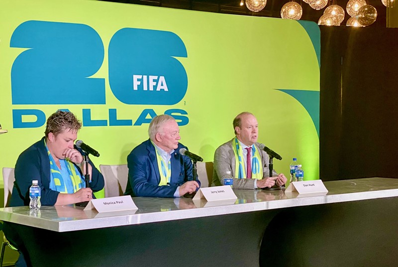 Executive Director of the Dallas Sports Commission, Monica Paul (on left), Cowboys owner Jerry Jones (center) and President of FC Dallas, Dan Hunt (right), answered questions at AT&T Stadium after FIFA's schedule announcement.