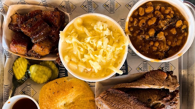 Brisket, pork belly, macaroni and cheese and beans at Crossbuck BBQ