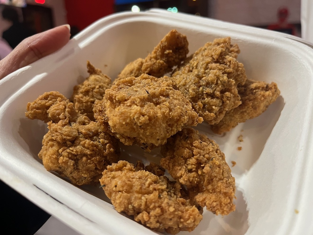 Chikn Nuggets come eight to an order and have a chicken-like texture.