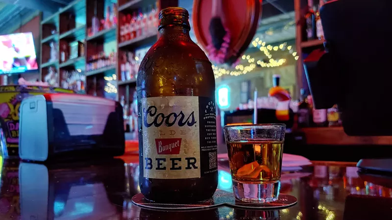 Image: The Wounded Ostrich has familiar boilermakers, like Coors Banquet with a shot of Jim Beam.