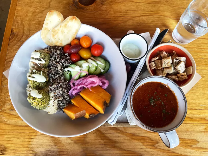 Image: The Mediterranean bliss bowl and rustic tomato soup are Grutogi Bistro staples.