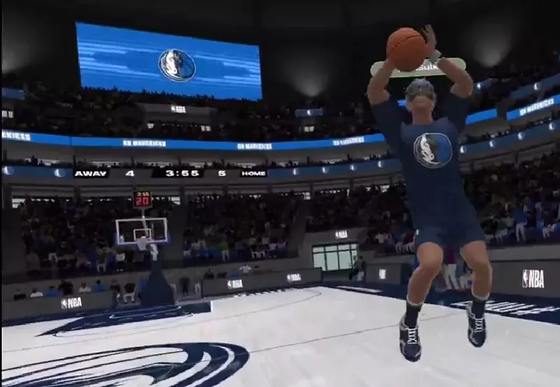Image: IRL Studios and Gym Class VR senior engineer Trey Davis goes for a shot behind the three-point line on the floor of the American Airlines Center in the virtual basketball game for the Meta Quest 2 headset.