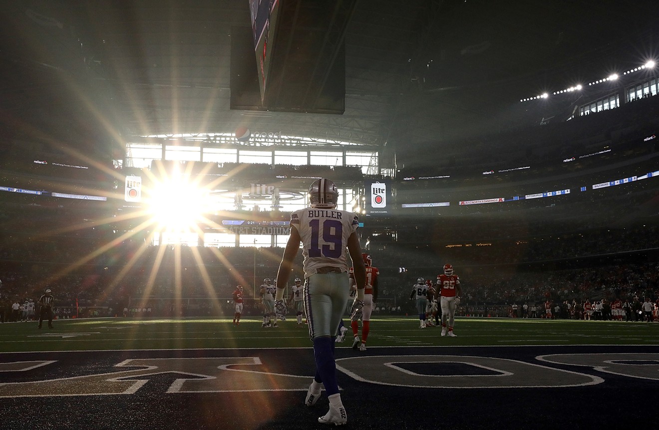 Former Cowboys receiver Brice Butler stares into the sunlight beaming through the stadium's windows in 2017.