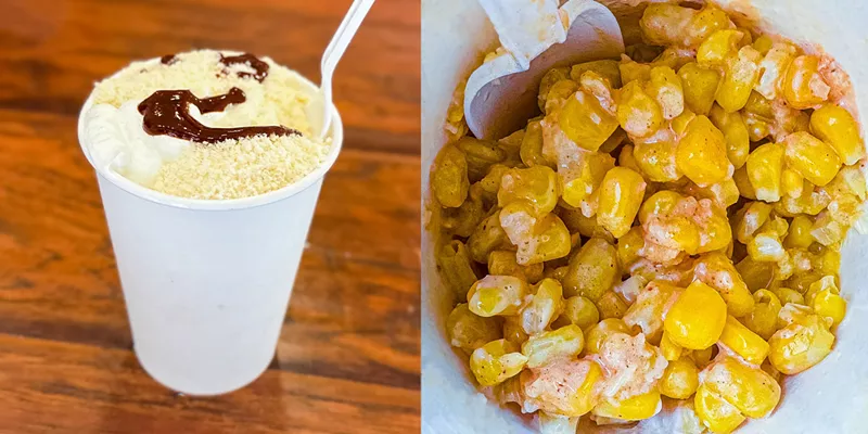 Image: Elotes: served on the cob or in a large medium cup that is their small.