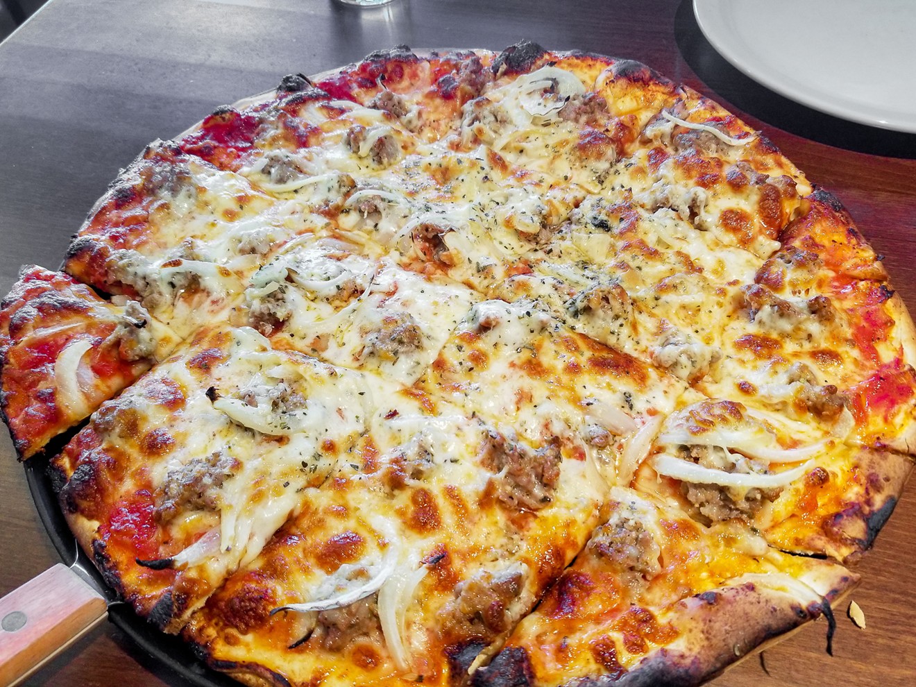 Italian sausage and onion pizza, Rosati's version of Chicago tavern-style thin crust.