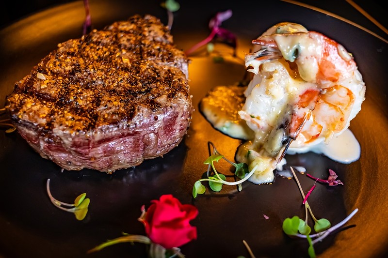 Our steak photos were too dark, so they shared this of a center-cut 6-ounce filet with two jumbo shrimp topped with Oscar topping.