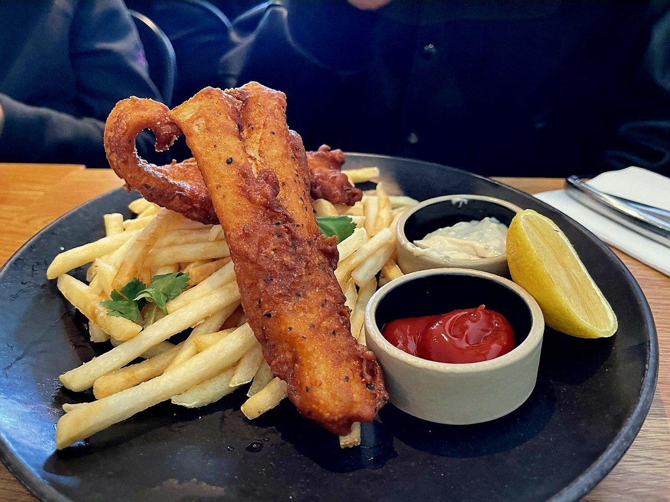 Fish and Chips are served with a yuzo kosho.