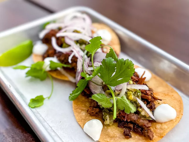 Image: Brisket Tostadas – corn tortilla, crème fraiche and shishito salsa verde.