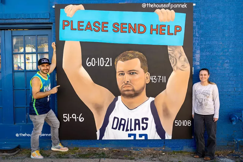 Image: Artist Preston Pannek and his wife, Adrienne, unveiled a new portrait of Dallas Mavs star Luka Dončić on the side of St. Pete's Dancing Marlin in Deep Ellum.