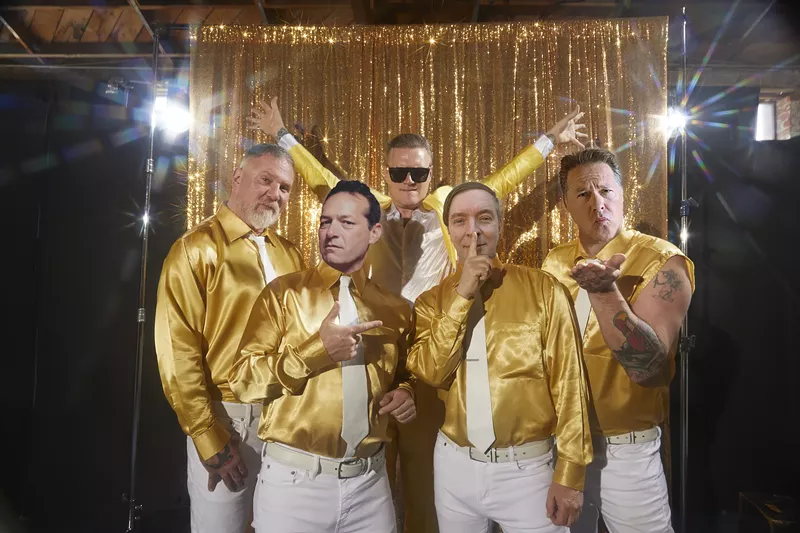 Image: From left: Bassist CJ Ramone (of the actual Ramones!), drummer Andrew "Pinch" Pinching, singer Spike Slawson, and guitarists "Swami" John Reis and "Jake Jackson" of the punk cover supergroup Me First and the Gimme Gimmes. They'll be at Amplified Live on Thursday.