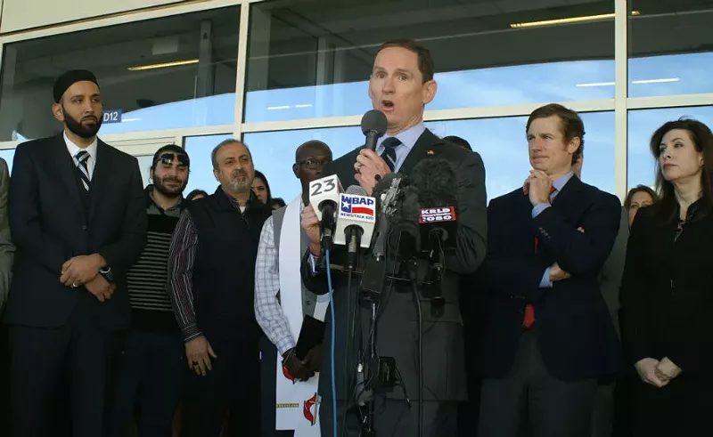 Image: Dallas County Judge Clay Jenkins, speaking in 2017 at DFW International Airport.