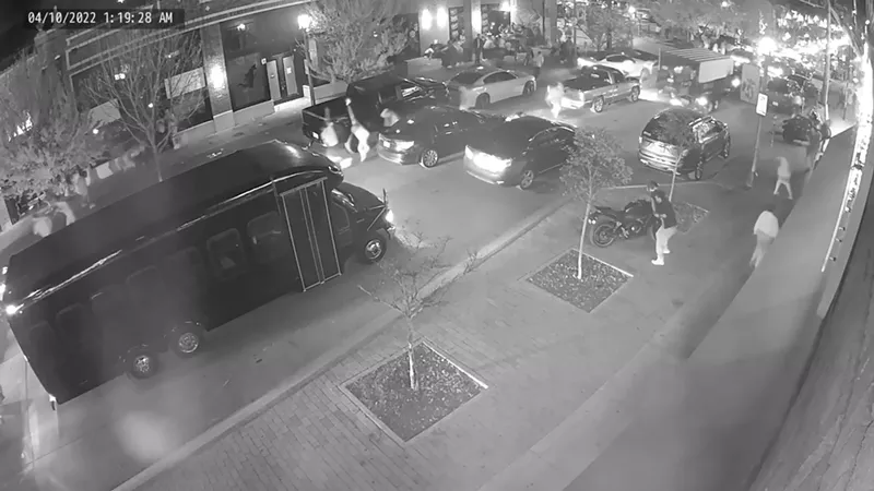 Image: Surveillance footage published by the Dallas Police Department shows several people firing weapons in Deep Ellum on April 10.