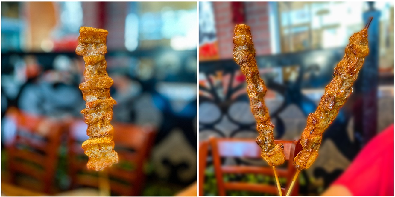 Who doesn't like meat on a stick? Pork belly (left), beef (middle) and lamb (right).