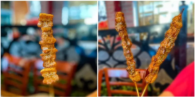 Image: Who doesn't like meat on a stick? Pork belly (left), beef (middle) and lamb (right).
