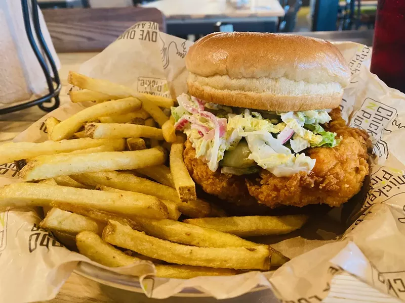 Image: The NKC hot chicken sandwich at Chicken N Pickle.