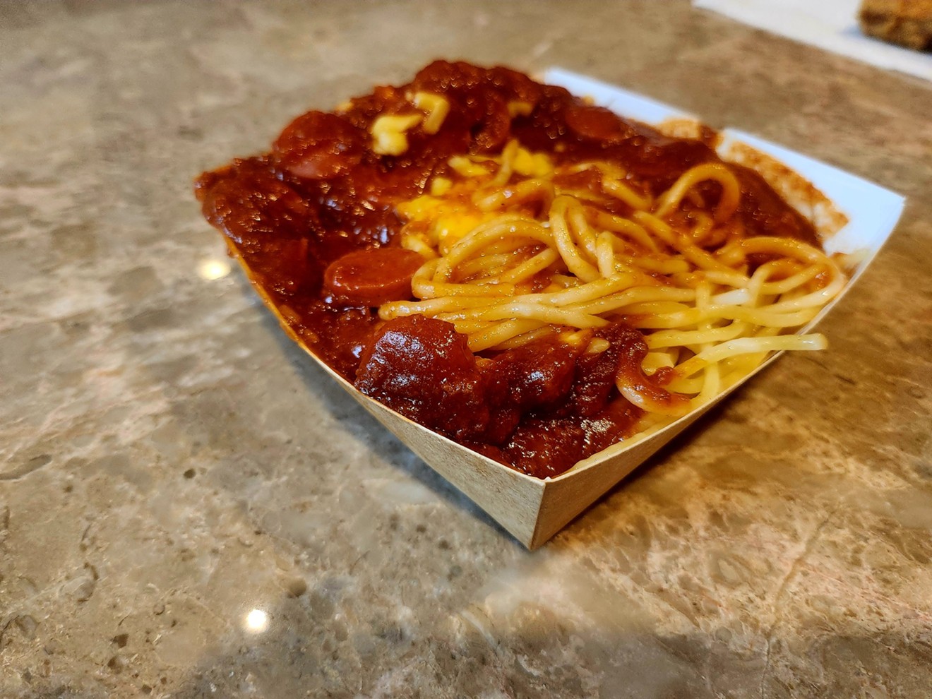 A sweet spaghetti ... with hot dog?