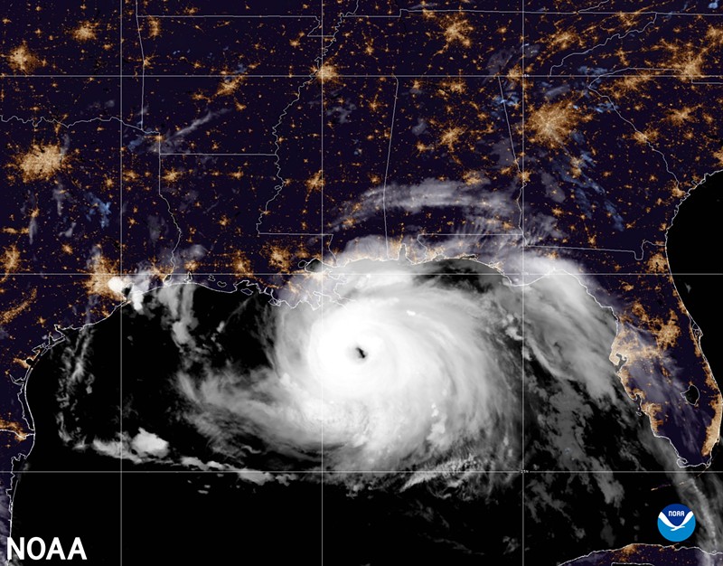 A visible satellite image of Hurricane Ida approaching land in the Gulf of Mexico taken by NOAA's GOES-16 (GOES East) satellite at 4:10 am (EDT) on August 29, 2021.