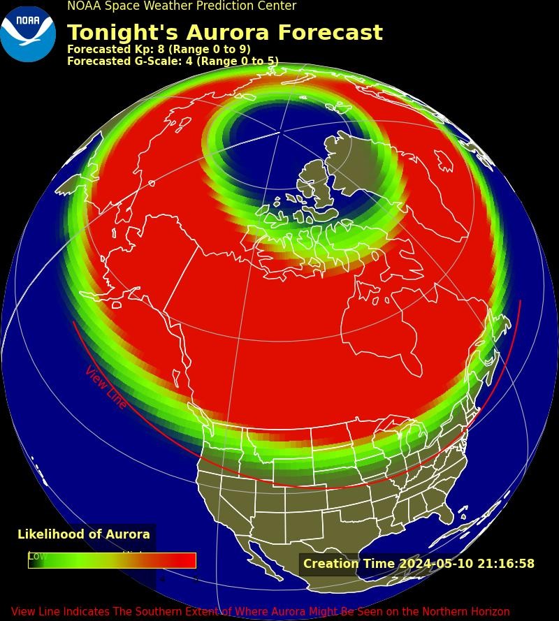 A map predicting the northern lights development path for the night of May 10.