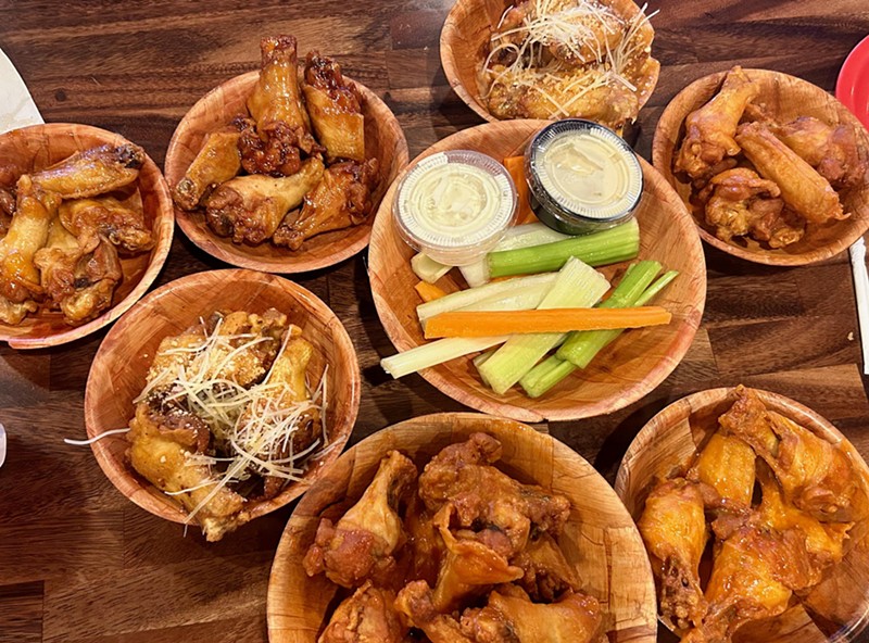 A spread of jumbo wings from Duff's.