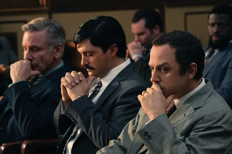 Image: Matthew Menalo, center, plays attorney Steven Rocket Rosen, who defended two Branch Davidian survivors, alongside Giovanni Ribisi, right, as lead attorney Dan Cogdell in Showtime's Waco: The Aftermath.