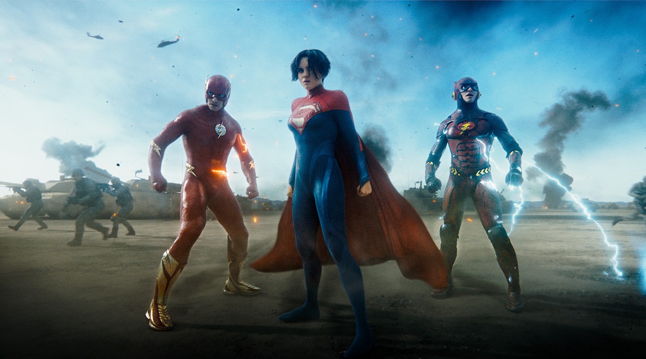 From left, Ezra Miller, Sasha Calle and Ezra Miller (again) star in The Flash.