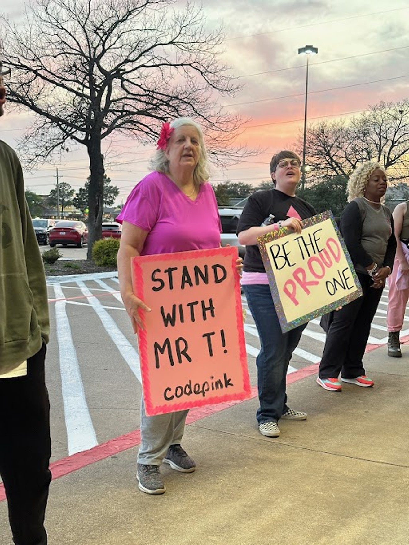 Protestors showed up to to Lewisville ISD Board meeting to support Rachmad Tjachyadi, a teacher placed on leave after a video of him wearing a pink dress went viral in February.