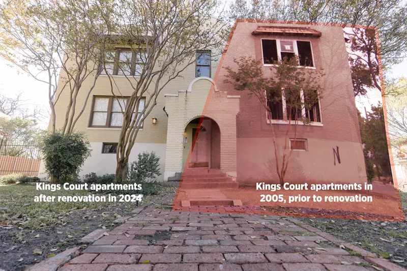 Image: Kings Court in 2024 after renovation, with superimposed photo of the same apartment complex from 2005 prior to renovation.