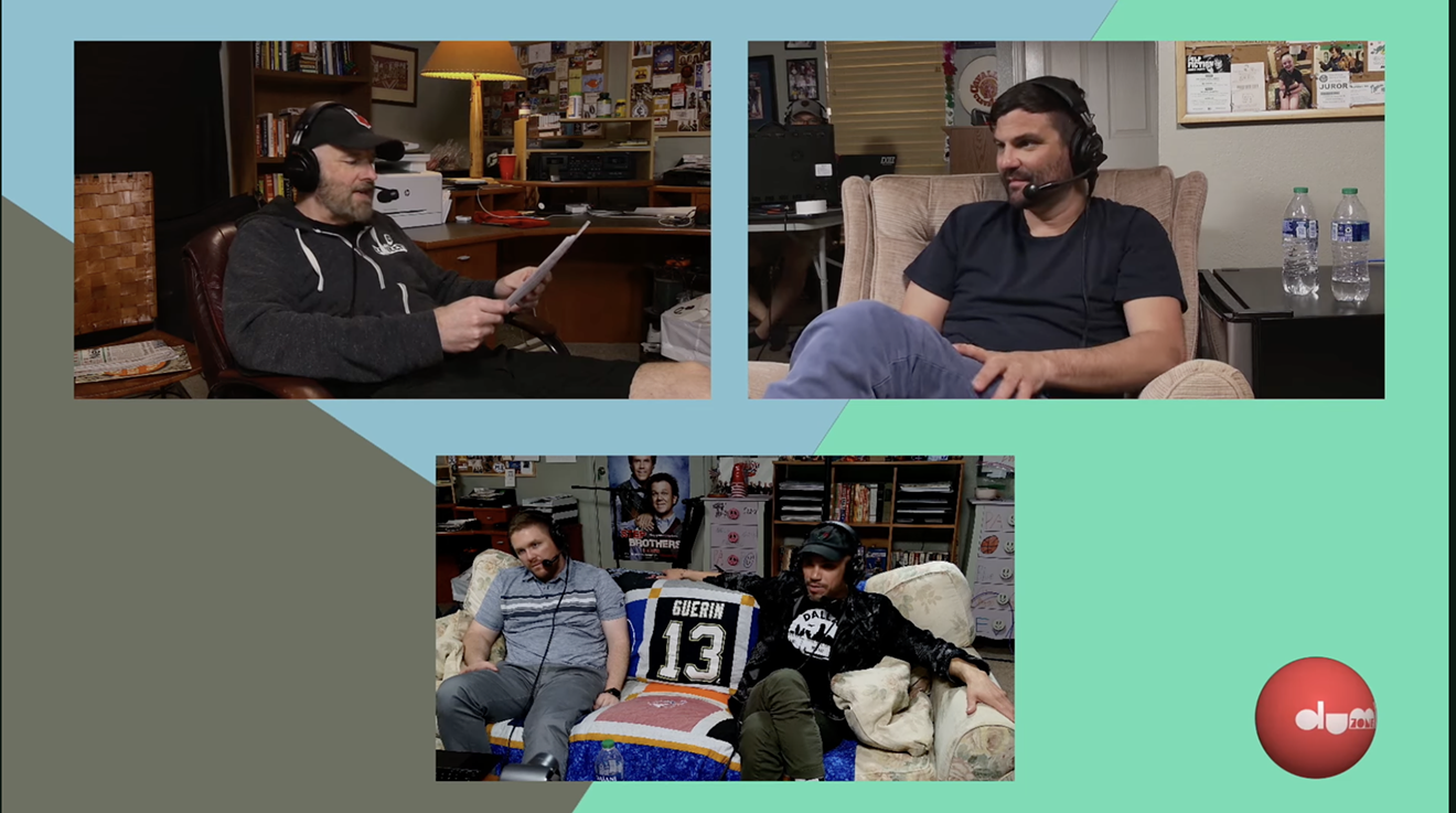 Dan McDowell (top left), Jake Kemp (top right) and Blake Jones (bottom left, with a recent podcast guest) record a recent episode of The Dumb Zone.