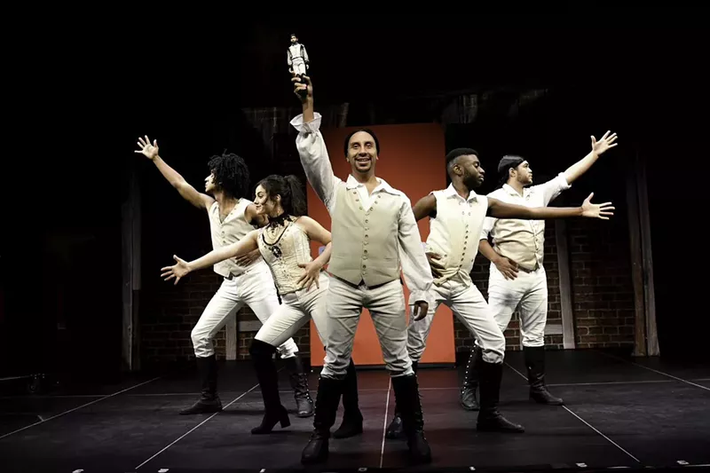 Image: T.J. Newton (center) as "Lin-Manuel as Alexander Hamilton" (no, seriously, that's the character's name) in Spamilton: An American Parody.