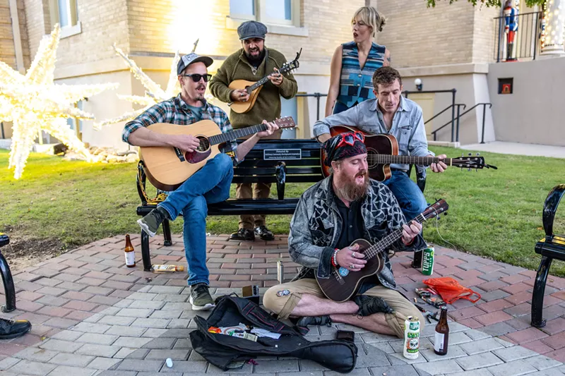 Image: From left: Derek Glenn, Luke Adams, Ruby Chantelle, Dash Hause (front) and Dustin Tyler Bingham perform on McKinney Square.