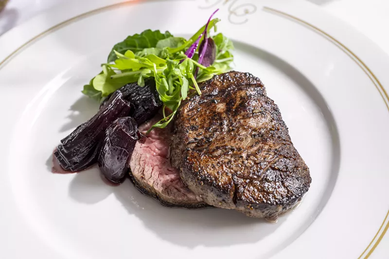 Image: An 8-ounce Snake River Farms filet, sticky shallots and sauce Bordelaise
