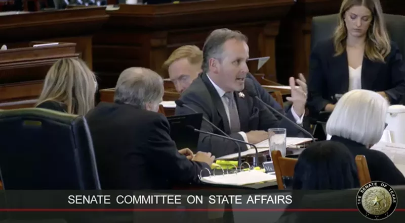 Image: State Sen. Bryan Hughes, a Republican from Mineola, explains the purpose behind Senate Bill 2 during a committee meeting Monday.