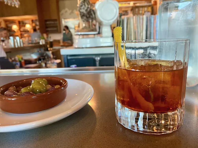 Image: Brown Butter Old Fashioned at Lucia with some olives.