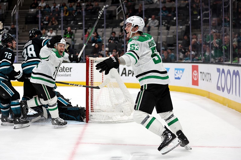 Stars players Wyatt Johnston (53) and Logan Stankoven celebrate after Johnston's game-tying goal in the third period of a recent game against San Jose.