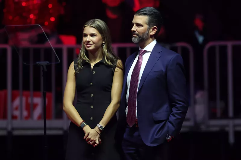 Image: Donald Trump Jr. and his daughter Kai Madison Trump stand on stage at President-elect Donald Trump's victory rally at the Capital One Arena on January 19, 2025 in Washington, DC